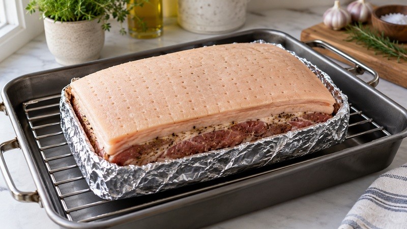 Dry pricked pork skin in a foil cradle before roasting