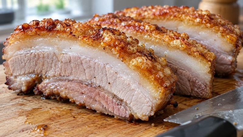 Close view of crisp skin over pork belly layers