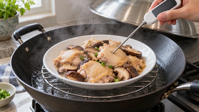Shallow steaming arrangement with thermometer checking thick chicken