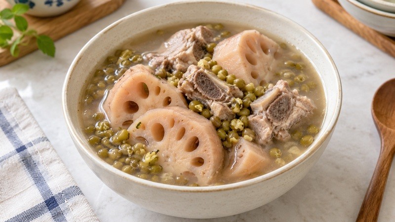 Lotus-root soup with pork bones and visible mung beans