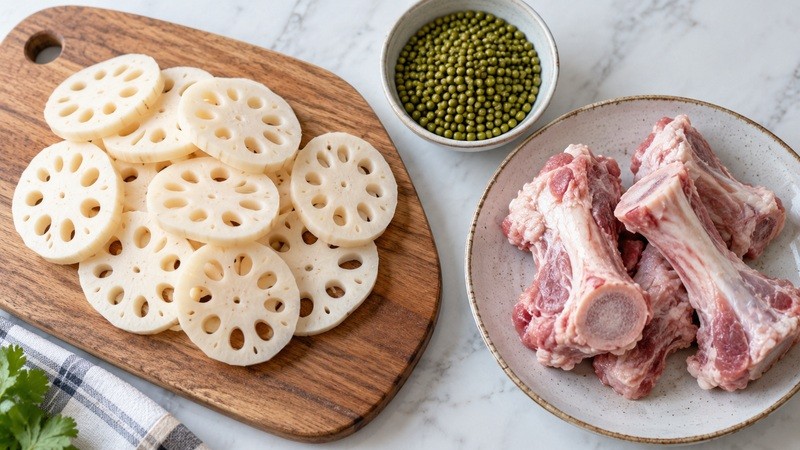Lotus-root cross-sections, mung beans and pork bones before cooking