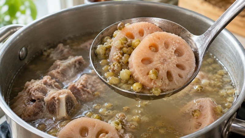 Finished soup showing softened root slices and beans