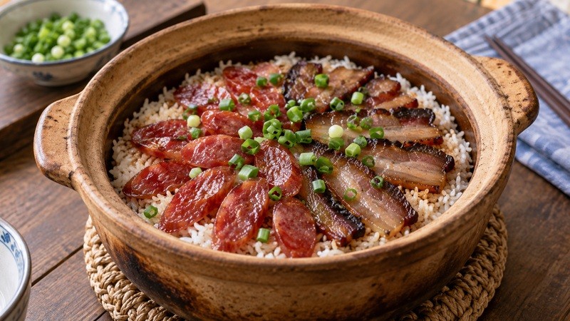 Claypot rice with sliced Chinese sausage and cured pork