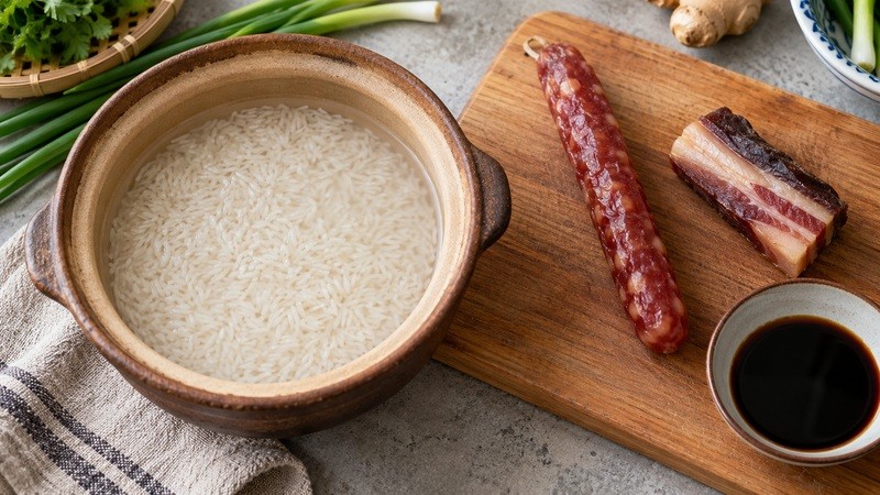 Measured soaked rice and cured meat ready for a clay pot