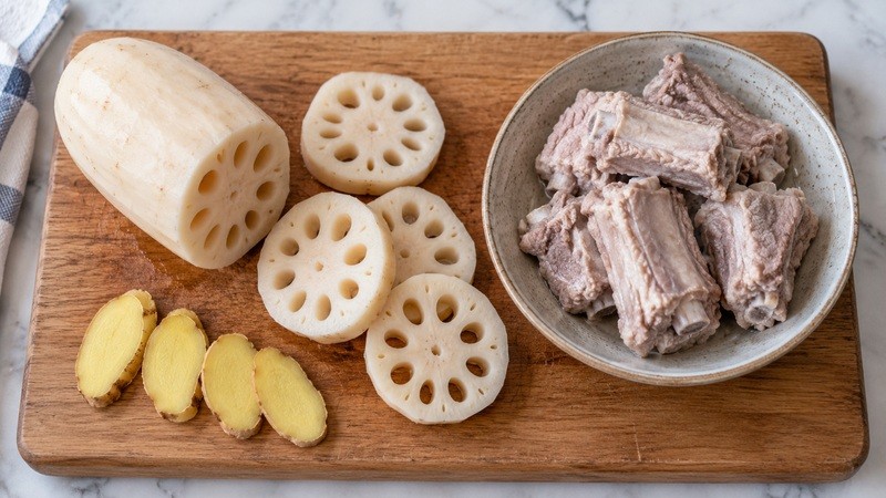 Cut lotus root beside blanched ribs and ginger
