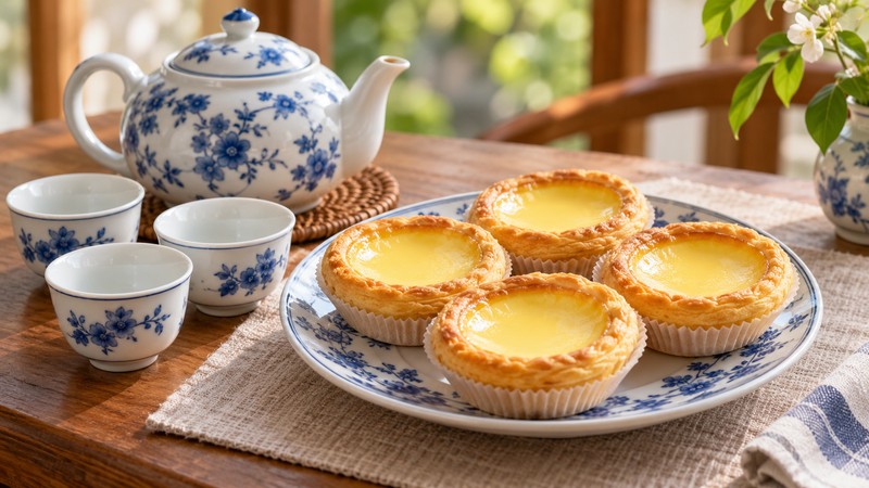 A teapot and small tea cups beside egg tarts on a brunch table