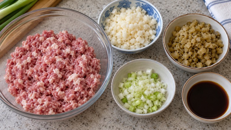 Minced pork shoulder beside diced water chestnuts and pickled mustard tuber