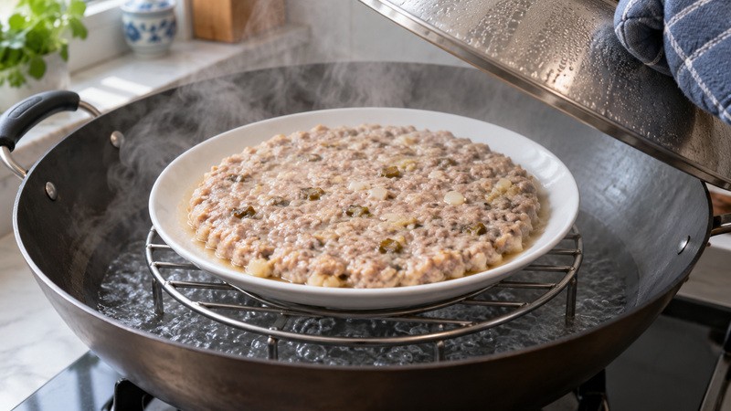 Even shallow pork patty on an oiled rimmed plate placed above boiling water on a steaming rack