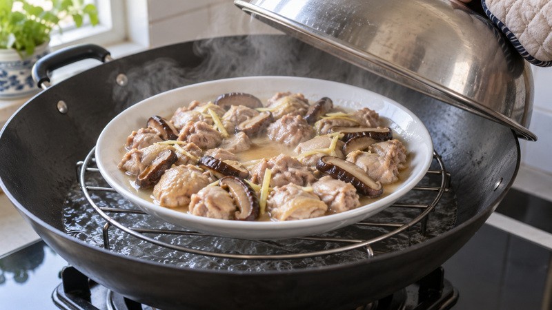 Shallow plate of chicken and mushrooms on a steamer rack with a slight hollow at the center