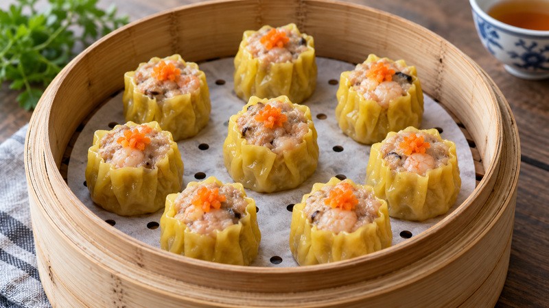 Finished open topped siu mai with pork shrimp filling and small carrot garnish in a bamboo steamer