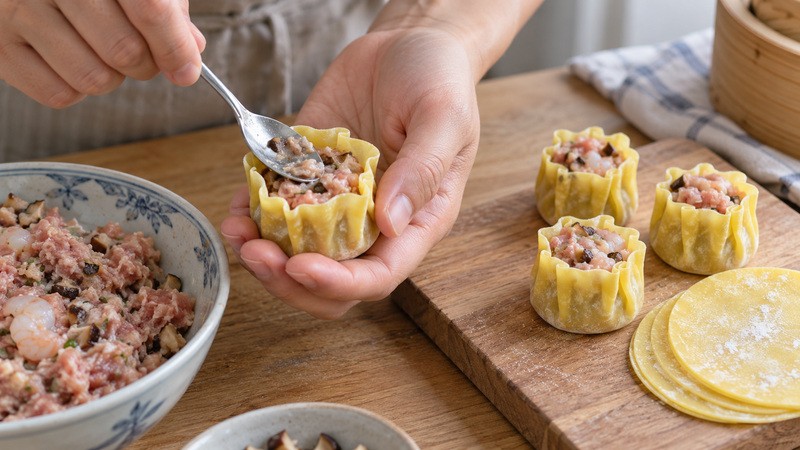 Hands shaping thin yellow siu mai wrappers around filling with open tops on a board