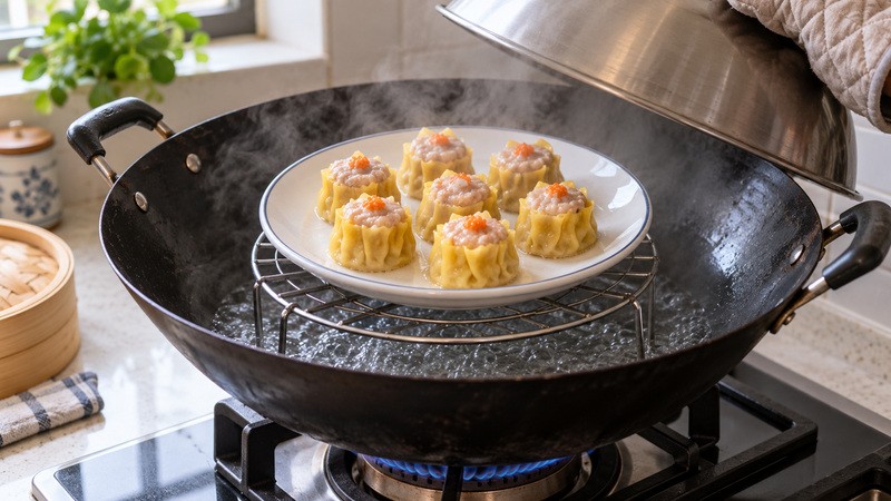 Siu mai on a raised plate inside a water filled wok steamer, visible rack and safe gap above water