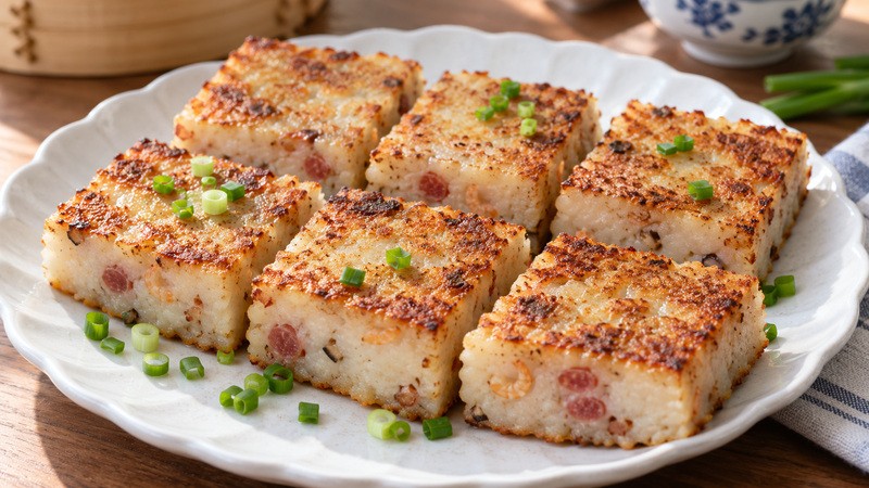 Finished pan fried turnip cake slices with golden faces and white radish interiors on a plate