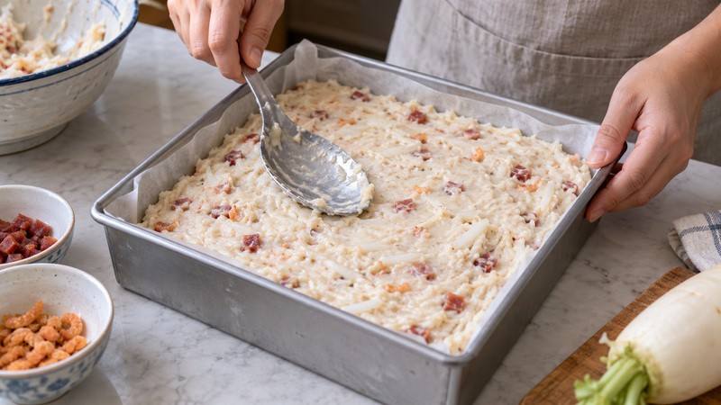 Thick radish rice flour mixture being spread in a lined cake pan before steaming