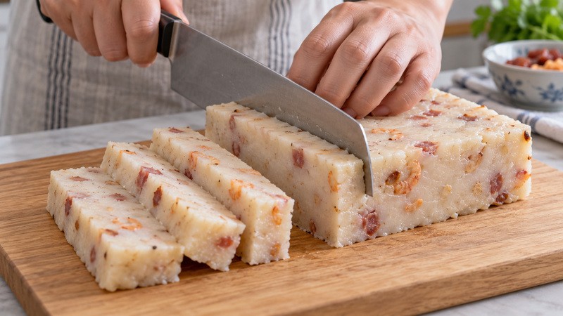 Chilled turnip cake being cut into even slices with a broad knife