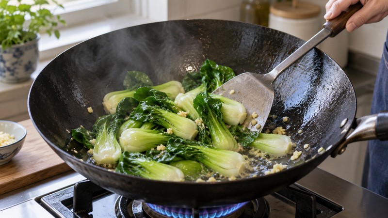 Bok choy being tossed in a large wok with garlic and a small amount of glossy liquid