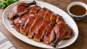 Finished chopped Cantonese roast duck with mahogany skin, sauce served in a separate small bowl