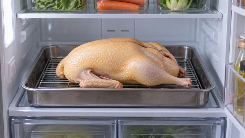 Prepared whole duck drying on a rack on a refrigerator bottom shelf in a clean tray
