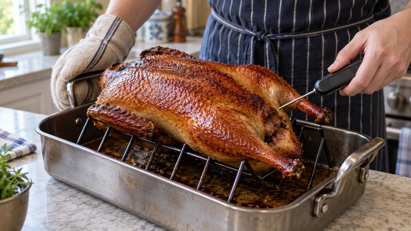 Whole roast duck breast up on a roasting rack, thermometer checking thigh without touching bone