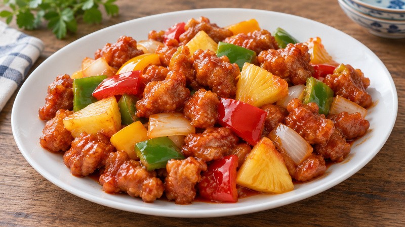 Finished Cantonese sweet and sour pork with pineapple and colorful peppers, lightly glazed crisp pieces