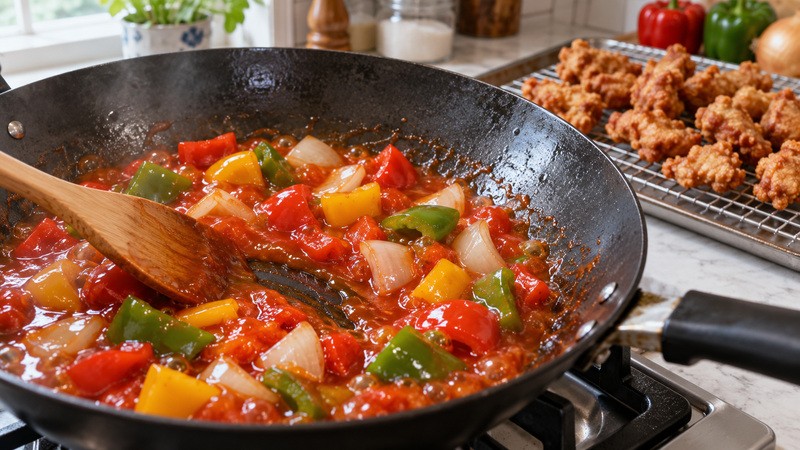 Sweet sour sauce thickening with peppers in a wok before fried pork is added
