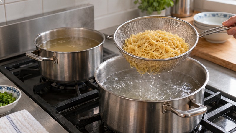 Two separate pots, clear serving broth beside noodles being drained in a strainer
