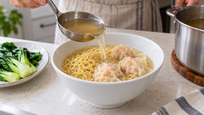 A home cook assembling one wonton noodle bowl with drained noodles and cooked dumplings