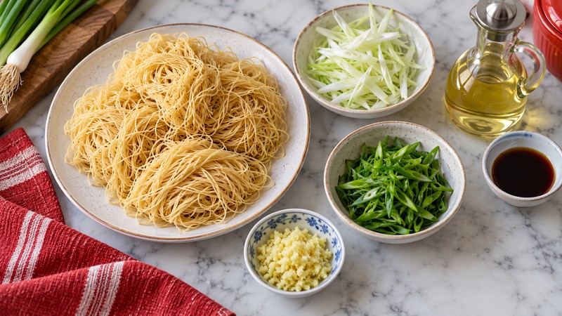 Noodles, minced ginger, sliced scallions, and a small cup of soy seasoning