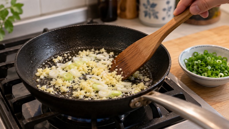 Ginger and scallion whites gently sizzling in a skillet