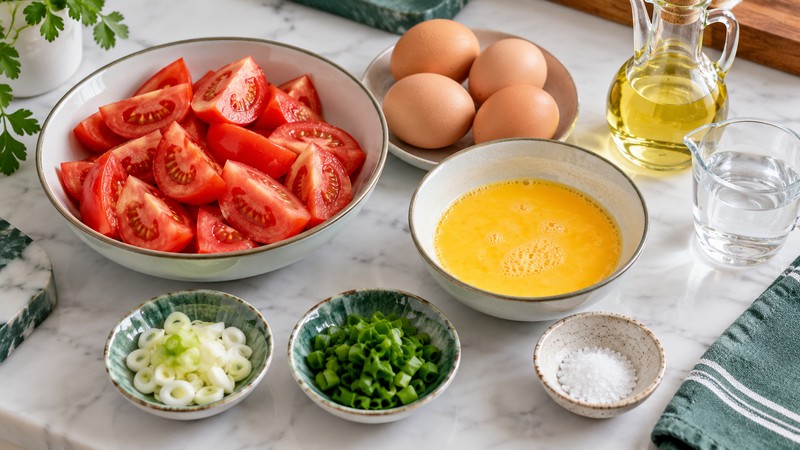 Tomato wedges, eggs, scallions, and measured water for tomato and eggs