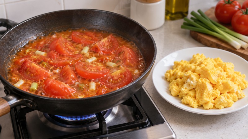 Tomatoes softening into sauce while cooked egg curds wait separately