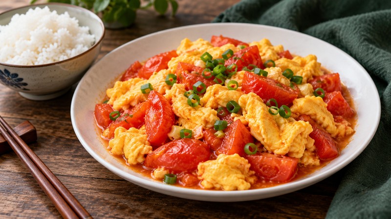 Tender set egg curds folded into tomato sauce and served with rice
