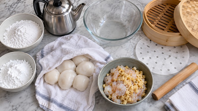 Starch ingredients, covered wrapper dough, and shrimp filling prepared for hakao