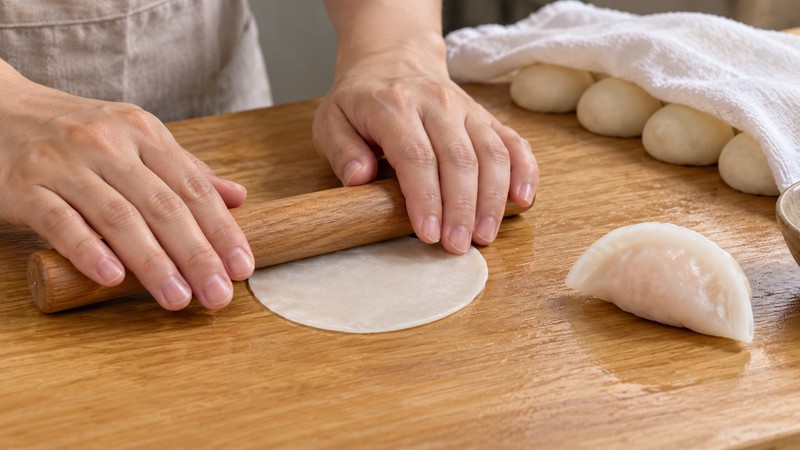 One starch wrapper being rolled while remaining dough pieces stay covered
