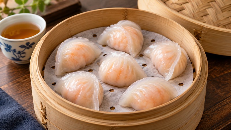 Freshly steamed hakao with translucent wrappers and pink shrimp filling