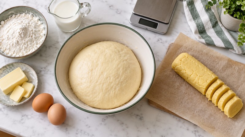 Bread dough and separate cookie topping prepared for plain pineapple buns