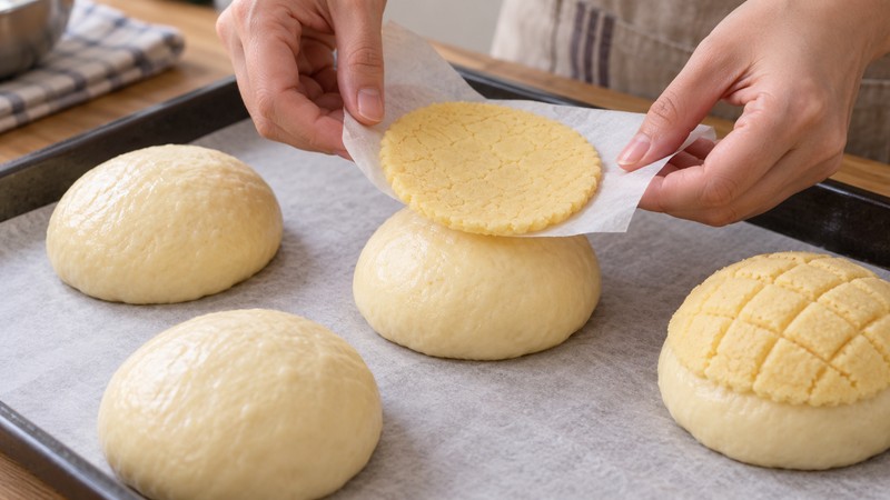 A thin cookie topping disc being placed gently on a proofed bun