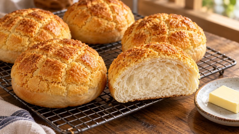 Golden plain pineapple buns with crackly caps and soft bread crumb
