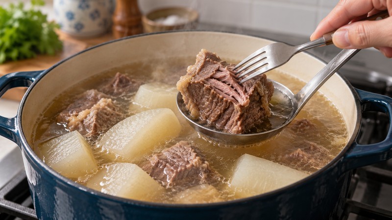 Fork testing the tenderness of brisket above a gently simmering broth