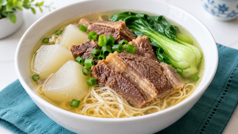 Clear-broth brisket noodles with daikon, greens, and scallion garnish