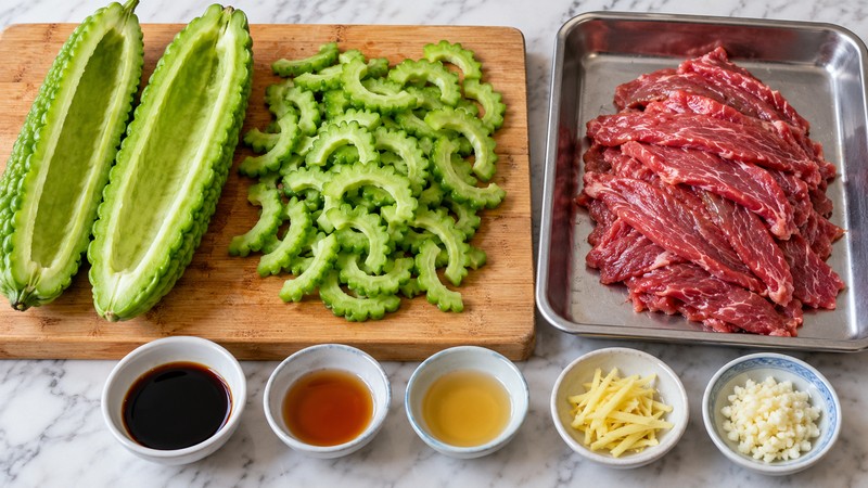 Hollowed bitter melon and thin beef slices on separate preparation surfaces