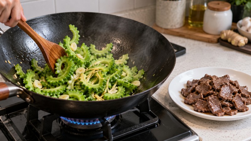Bitter melon stir-frying separately while cooked beef waits on a clean plate