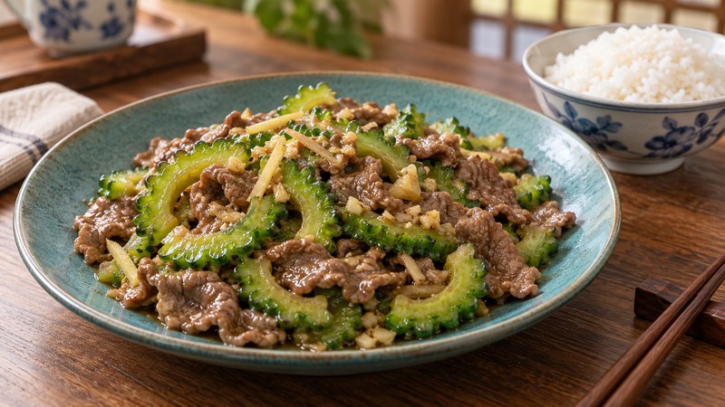 Finished bitter melon beef with a light sauce and steamed rice
