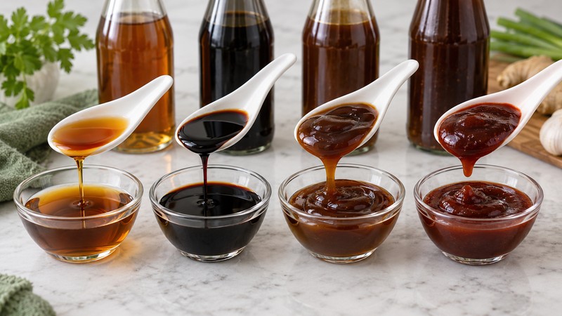 Four sauce samples showing the different colors and thicknesses of soy, oyster sauce, and hoisin