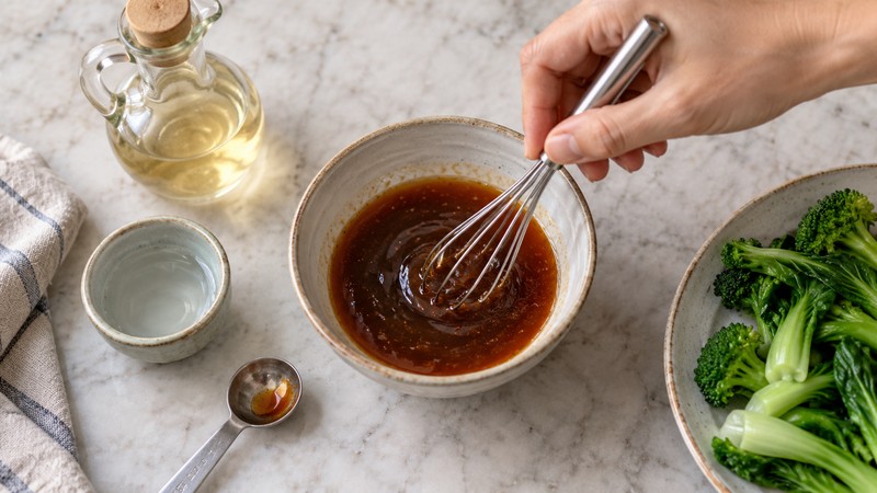 Hoisin being diluted with water and rice vinegar in a small dipping bowl