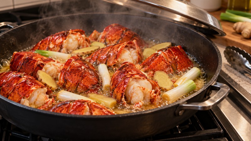 Lobster tail sections simmering with ginger and scallion whites in a covered skillet