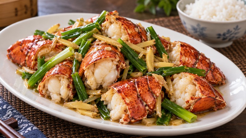 Finished ginger scallion lobster with opaque meat and a light glossy sauce