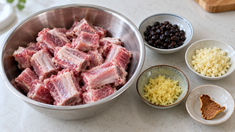 Small pork rib pieces with black beans and marinade aromatics