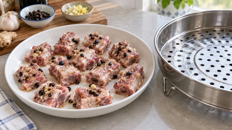 Marinated spare ribs in a single layer on a steaming plate