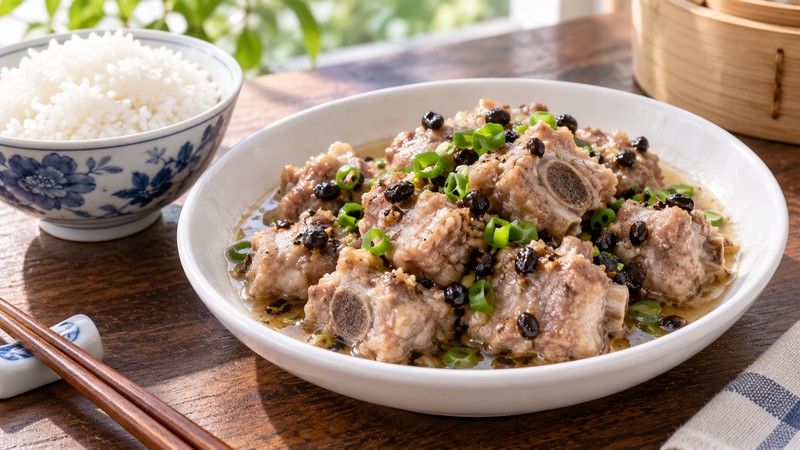 Steamed spare ribs with black beans, scallions and juices